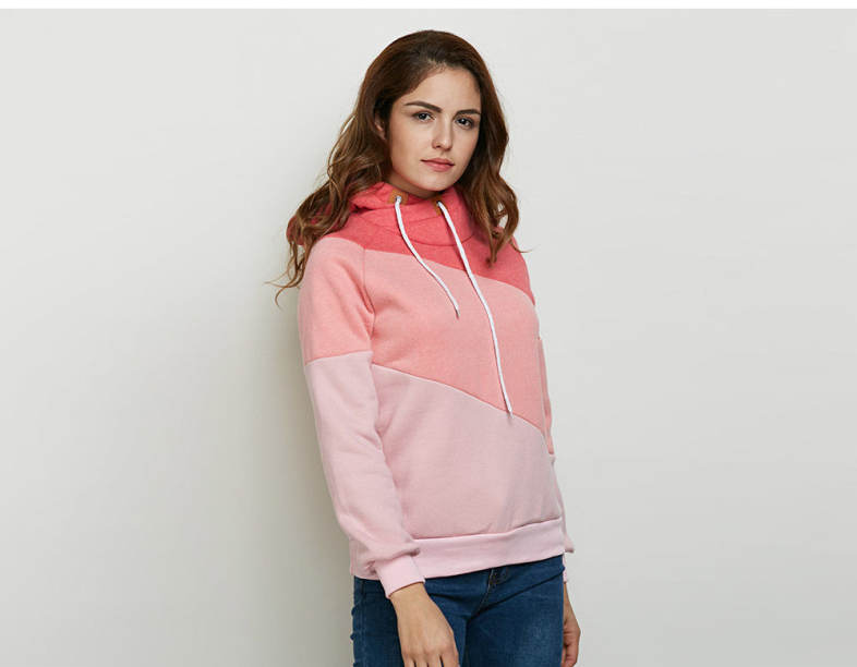 Stylish Hooded Long Sleeve Drawstring Color Block Women Hoodie