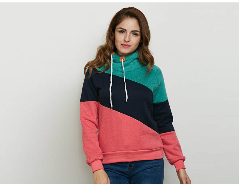 Stylish Hooded Long Sleeve Drawstring Color Block Women Hoodie