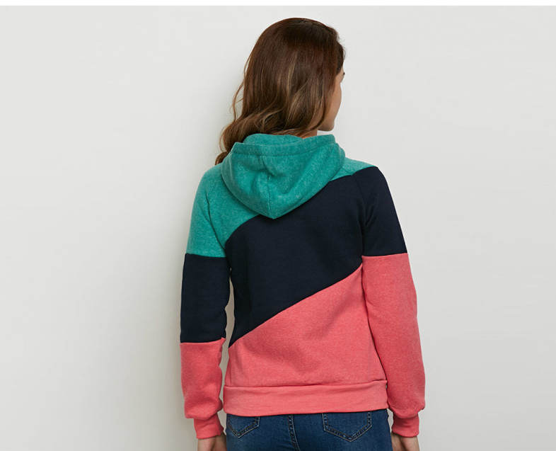 Stylish Hooded Long Sleeve Drawstring Color Block Women Hoodie