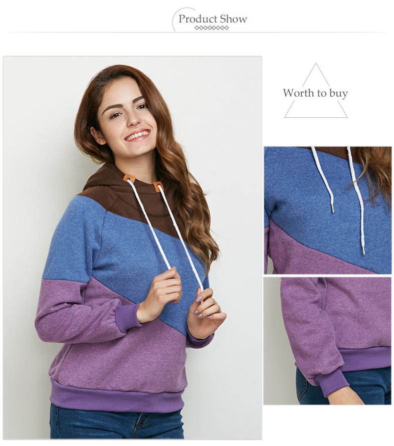 Stylish Hooded Long Sleeve Drawstring Color Block Women Hoodie
