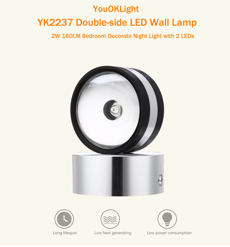 YouOKLight YK2237 2W 160LM Double-side LED Wall Lamp Bedroom Decorate Night Light with 2 LEDs