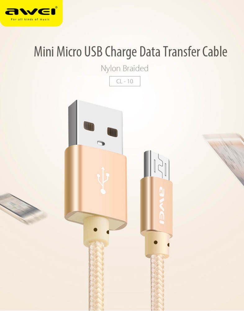 Awei CL - 10 Micro USB Mini Nylon Braided Charge Data Transfer Cable 0.3m