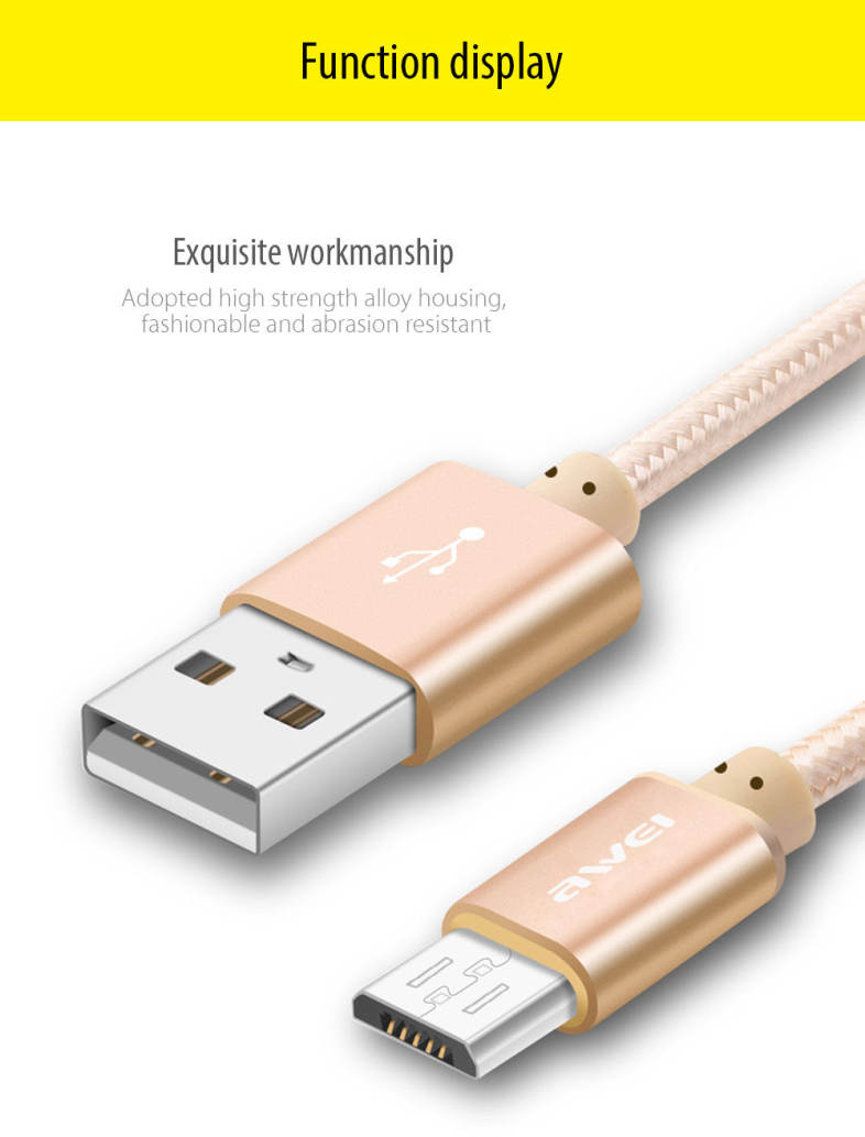 Awei CL - 10 Micro USB Mini Nylon Braided Charge Data Transfer Cable 0.3m