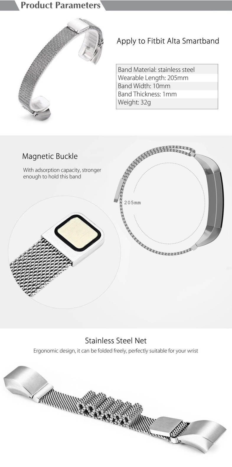 10mm Stainless Steel Net Magnetic Adsorption Alternative Bracelet Band for Fitbit Alta Smartband