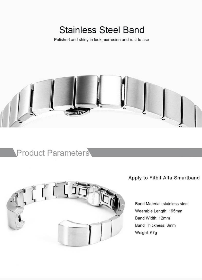 12mm Stainless Steel Butterfly Clasp Alternative Bracelet Band for Fitbit Alta Smartband