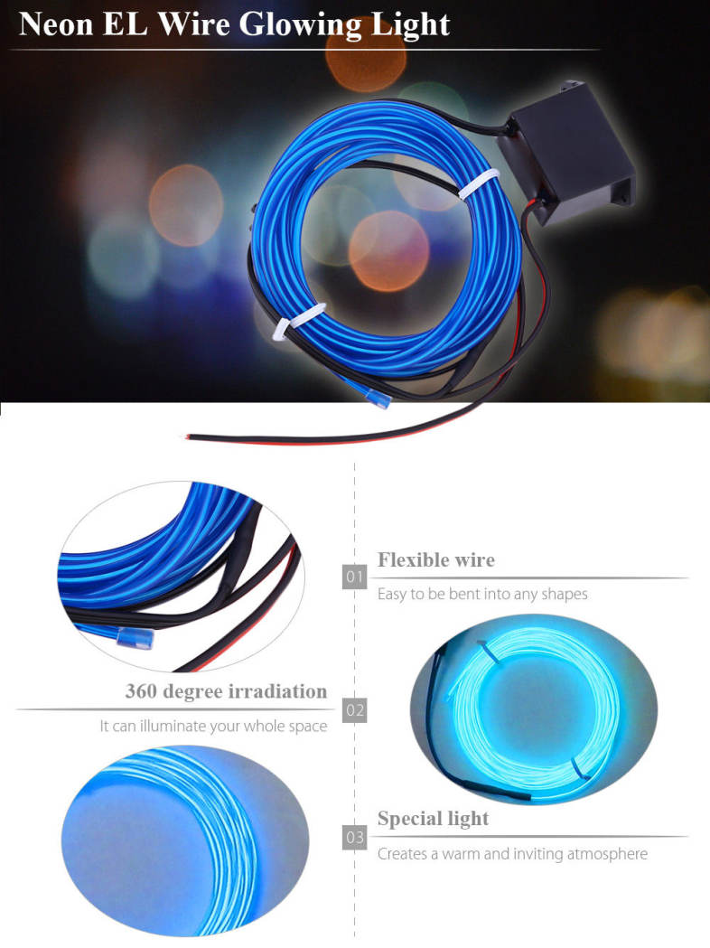 3M Neon EL Wire Glowing String Light Rope Tube Lamp for Home Party