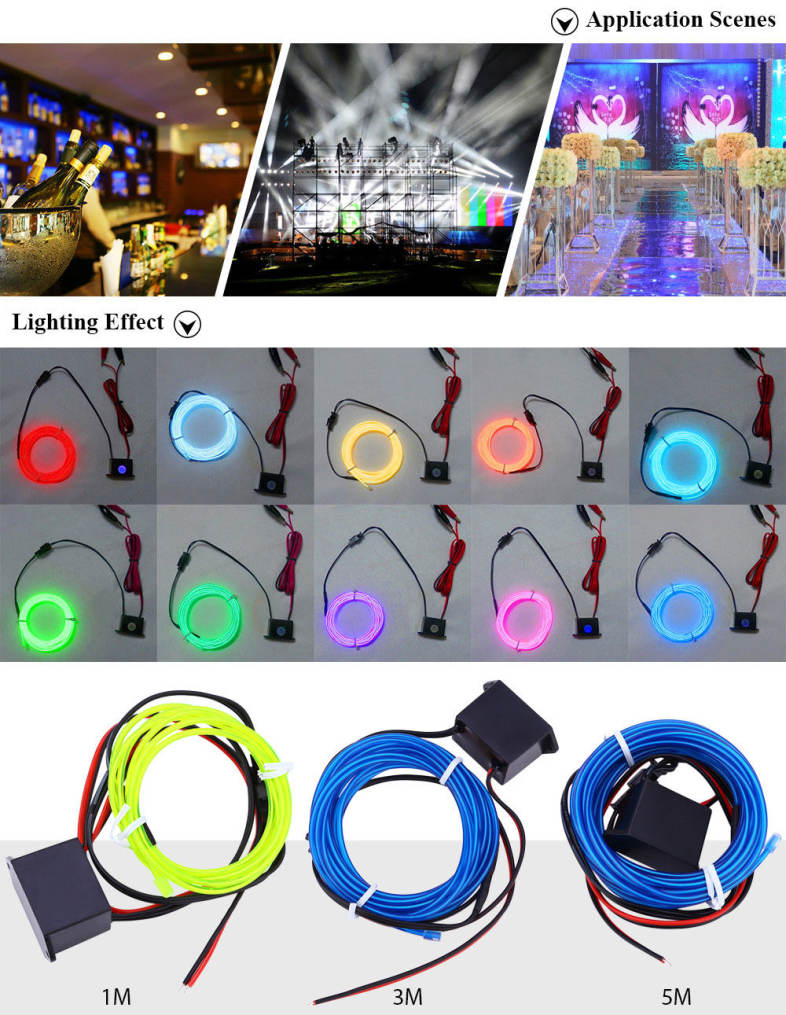 3M Neon EL Wire Glowing String Light Rope Tube Lamp for Home Party