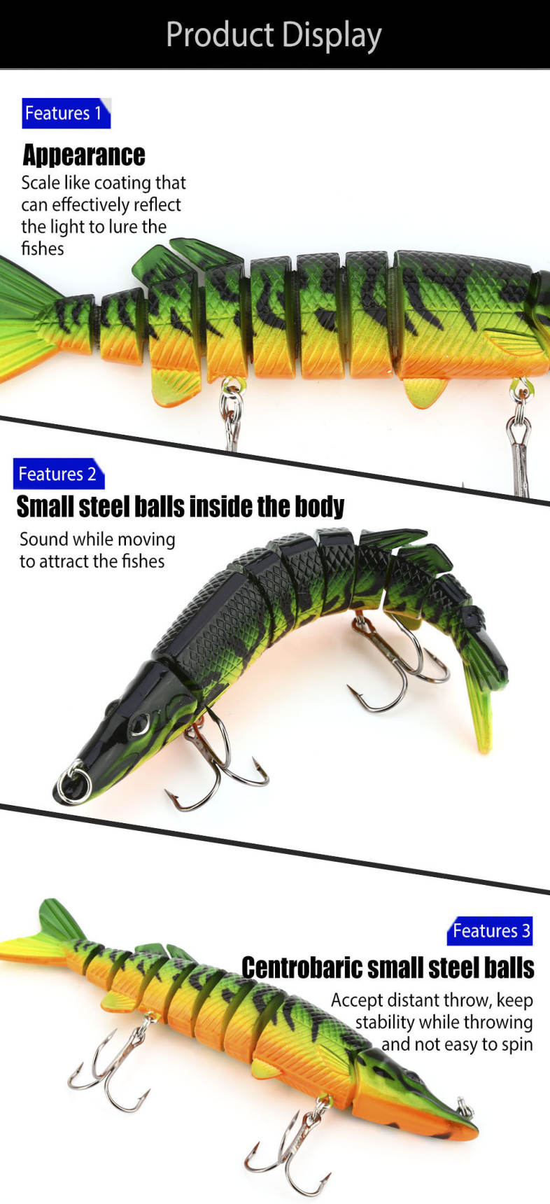 Proberos Artificial 9 Sections Pike Tackle Fishing Lure Crankbait