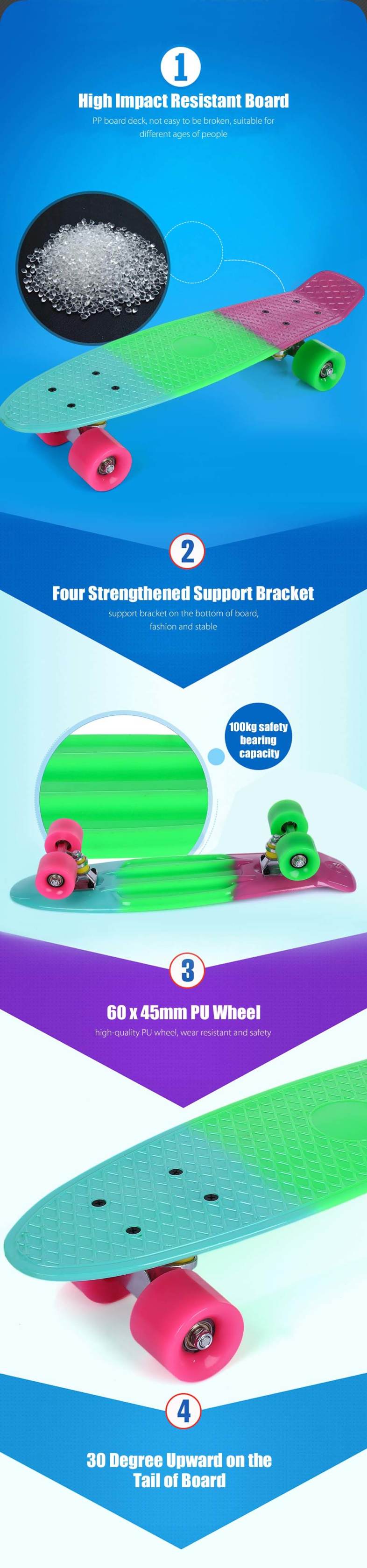 22 inch Colorful Four-wheel Long Skateboard PP Plastic Board Deck
