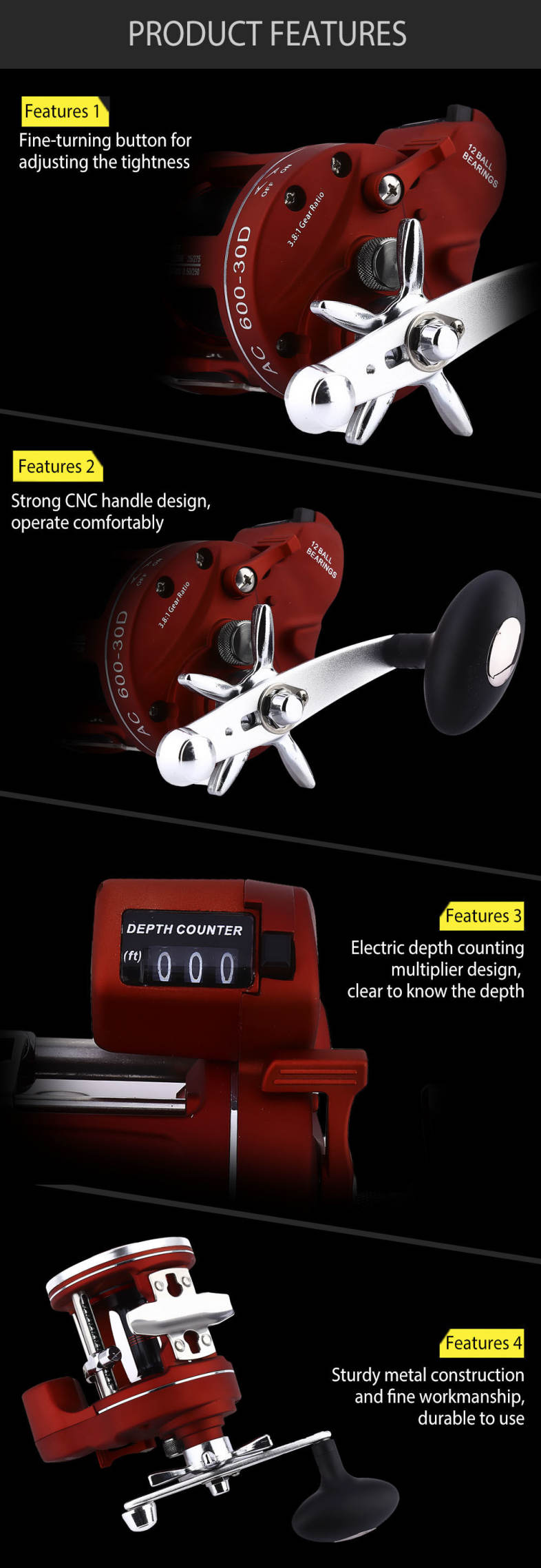 YUMOSHI 12 Ball Bearings High Speed Fishing Reel with Electric Depth Counting Multiplier