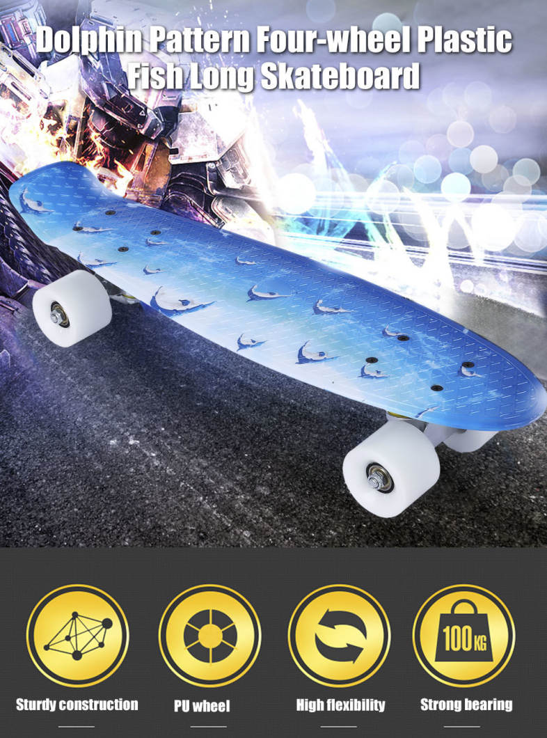 22 inch Dolphin Pattern Four-wheel Long Skateboard PP Plastic Board Deck
