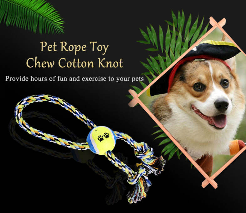 Pet Rope Toy Training Gadget Durable Chew Cotton Knot with Tennis Ball Teeth Clean