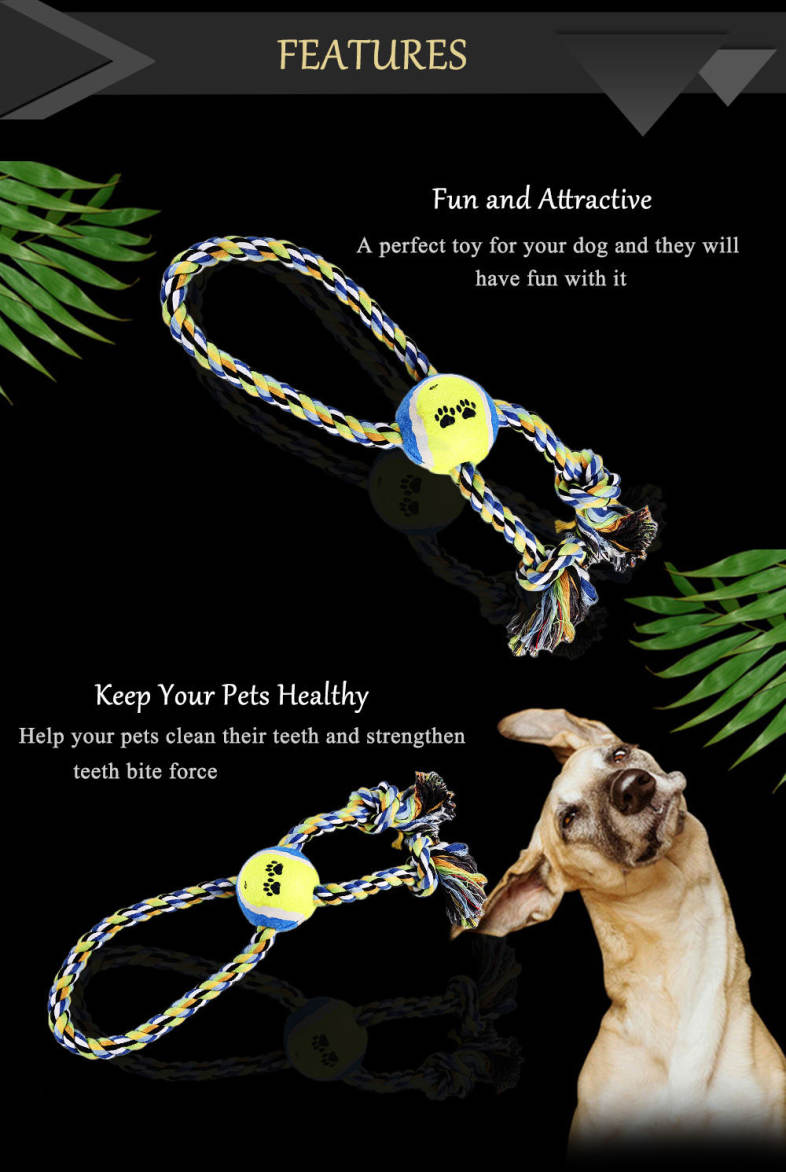 Pet Rope Toy Training Gadget Durable Chew Cotton Knot with Tennis Ball Teeth Clean
