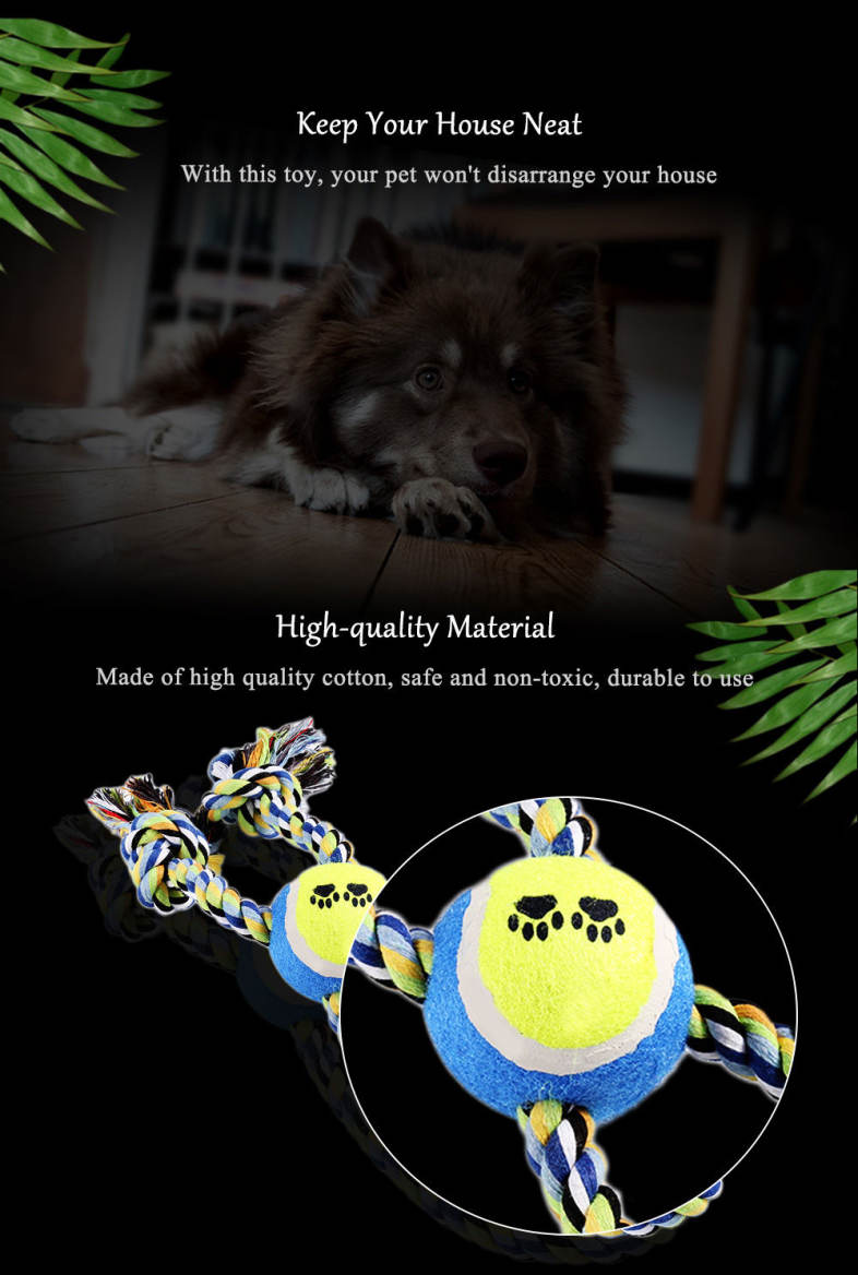 Pet Rope Toy Training Gadget Durable Chew Cotton Knot with Tennis Ball Teeth Clean