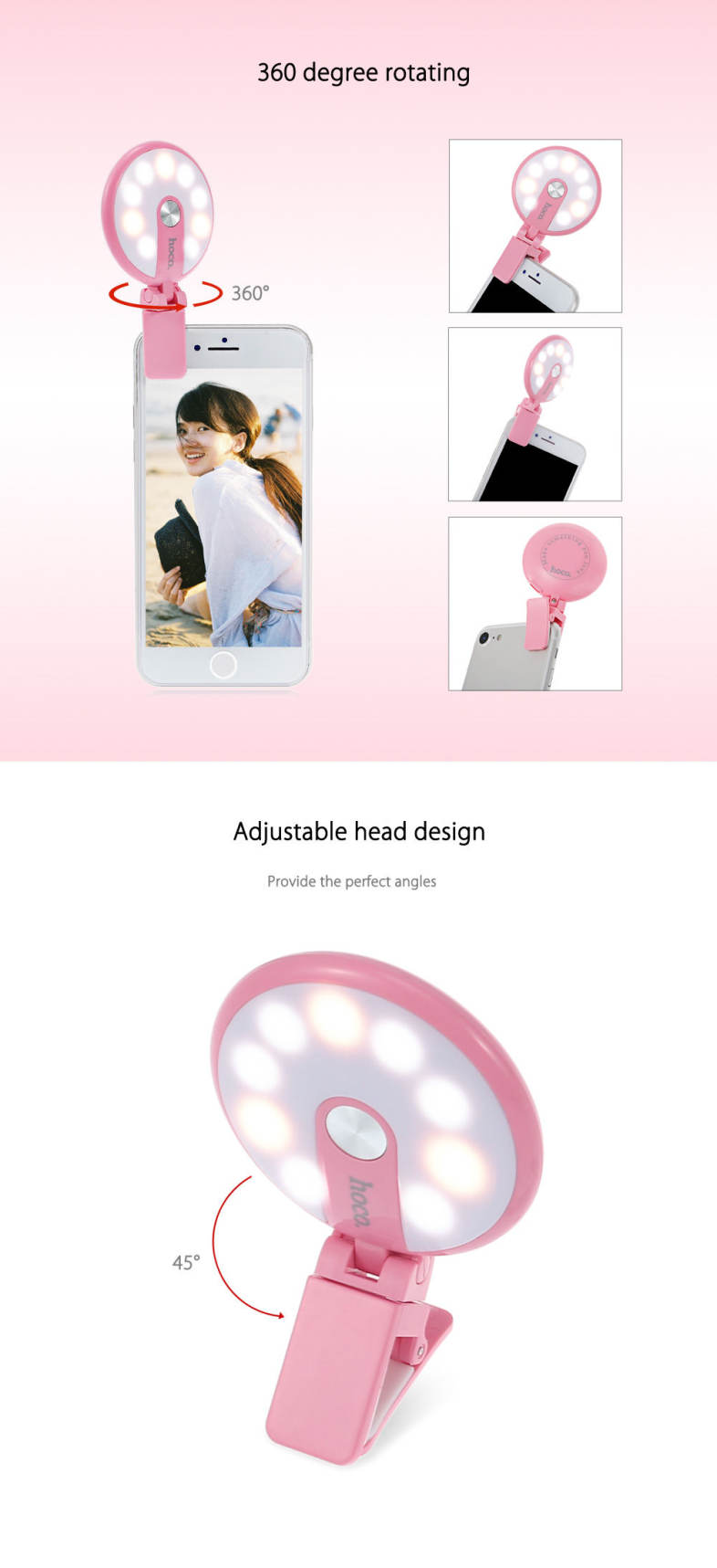 HOCO HM1 360 Degree Rotating Selfie LED Fill-in Flashlight Nine Brightness for Universal Phone