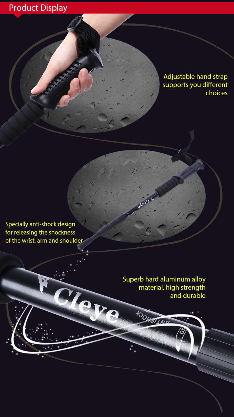 CLEYE 4 Joint Anti-shock Trekking Straight Shank Alpenstock Walking Stick with Mud Tray