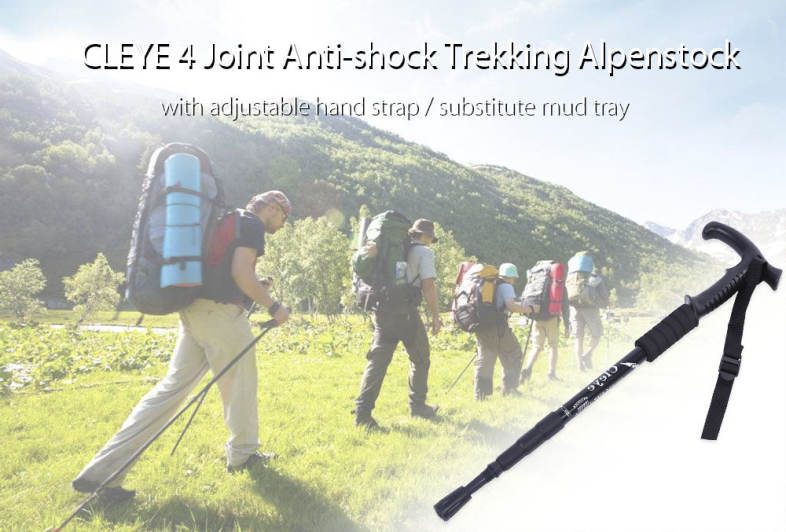 CLEYE 4 Joint Anti-shock Folding Trekking Climbing T-handle Alpenstock Pole Crutch