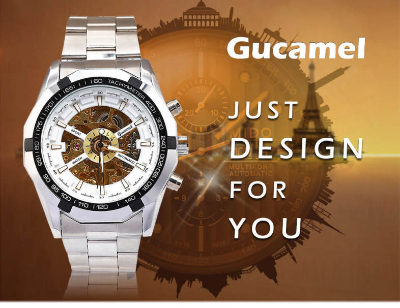 Gucamel G043 Male Auto Mechanical Watch Hollow Dial Luminous Stainless Steel Band Wristwatch