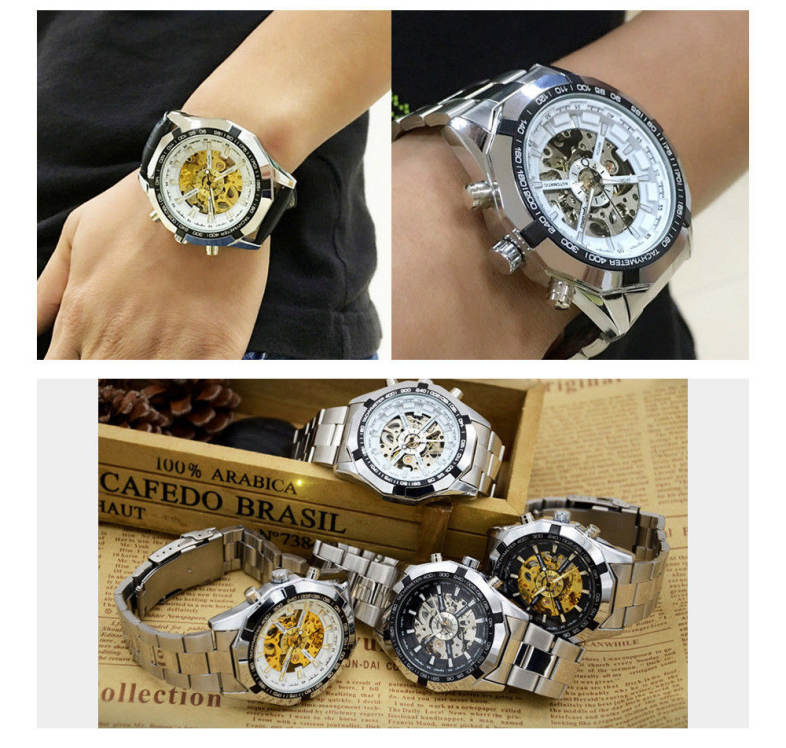 Gucamel G043 Male Auto Mechanical Watch Hollow Dial Luminous Stainless Steel Band Wristwatch