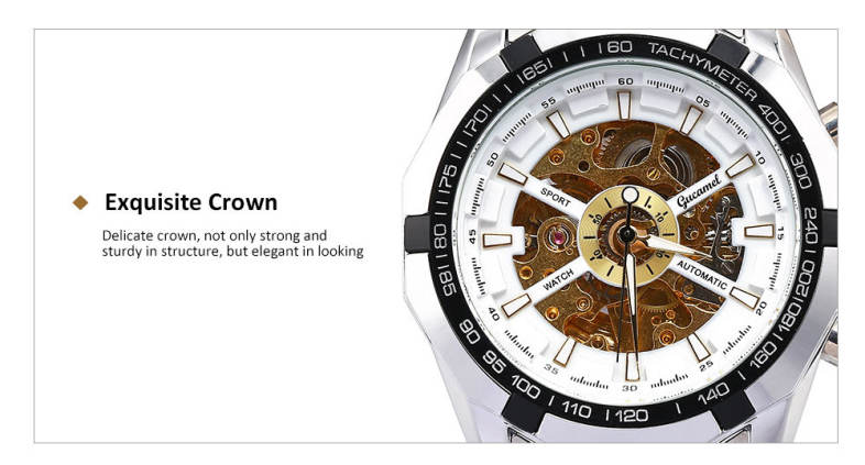 Gucamel G043 Male Auto Mechanical Watch Hollow Dial Luminous Stainless Steel Band Wristwatch