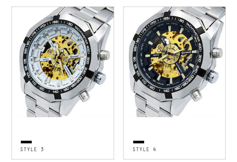 Gucamel G043 Male Auto Mechanical Watch Hollow Dial Luminous Stainless Steel Band Wristwatch