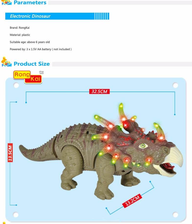 RongKai Realistic Electric Triceratops Model with Light Music Battery Operated Assemble Dinosaur Toy for Kids