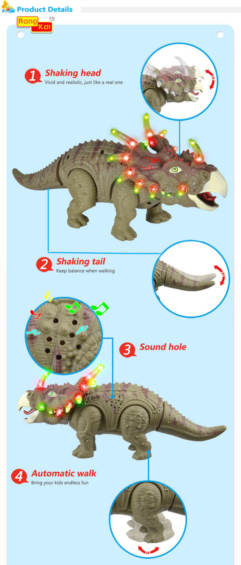 RongKai Realistic Electric Triceratops Model with Light Music Battery Operated Assemble Dinosaur Toy for Kids