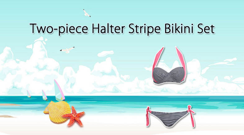 Swimming Two-piece Halter Stripe Bikini Swimwear Suit