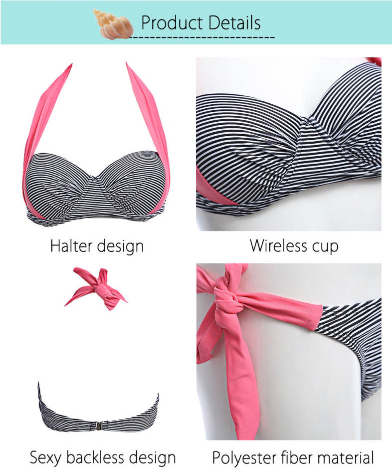 Swimming Two-piece Halter Stripe Bikini Swimwear Suit