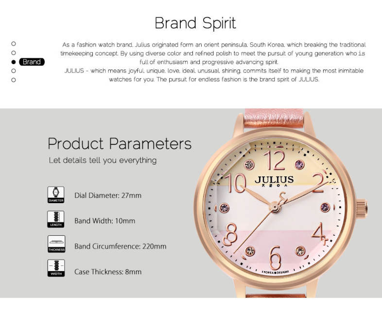 JULIUS JA - 930 Women Quartz Watch Solid Mirror Artificial Gem Genuine Leather Band Wristwatch