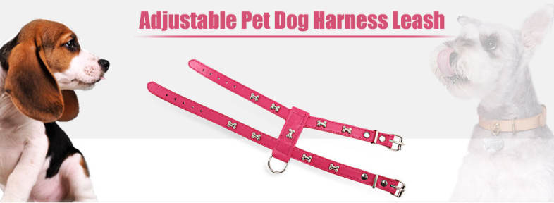 Bone Stud Design Adjustable PU Leather Pet Dog Harness Leash Set