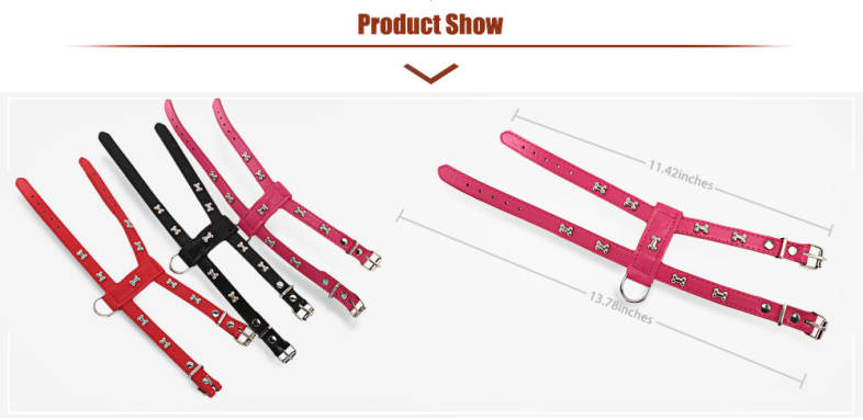 Bone Stud Design Adjustable PU Leather Pet Dog Harness Leash Set