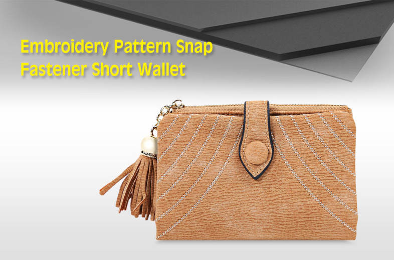 Embroidery Pattern Snap Fastener Short Wallet with Tassel Link