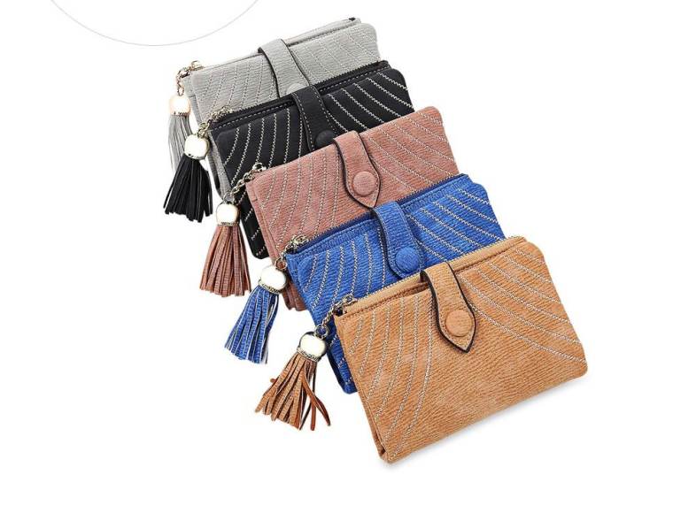 Embroidery Pattern Snap Fastener Short Wallet with Tassel Link