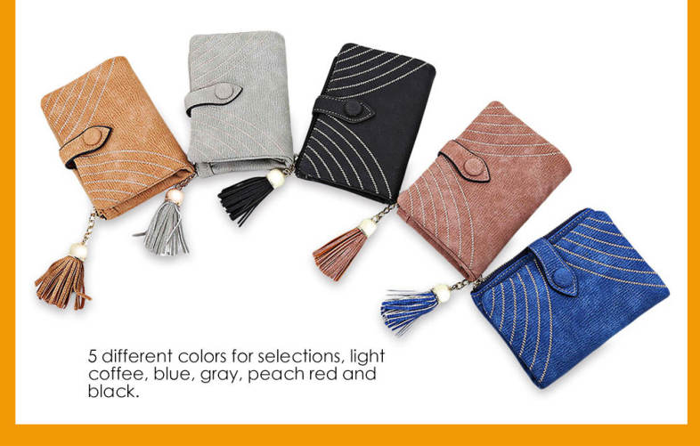 Embroidery Pattern Snap Fastener Short Wallet with Tassel Link
