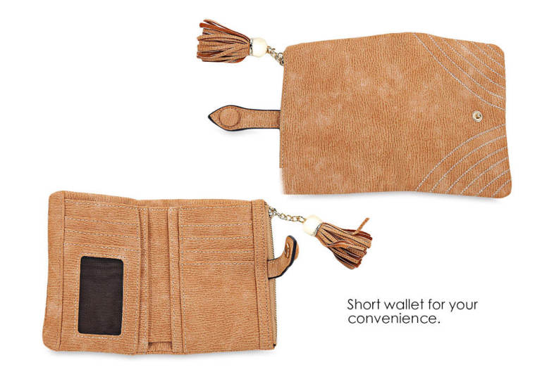 Embroidery Pattern Snap Fastener Short Wallet with Tassel Link