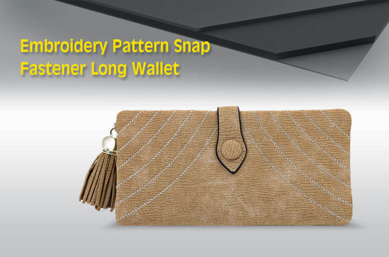 Embroidery Pattern Snap Fastener Long Wallet with Tassel Link