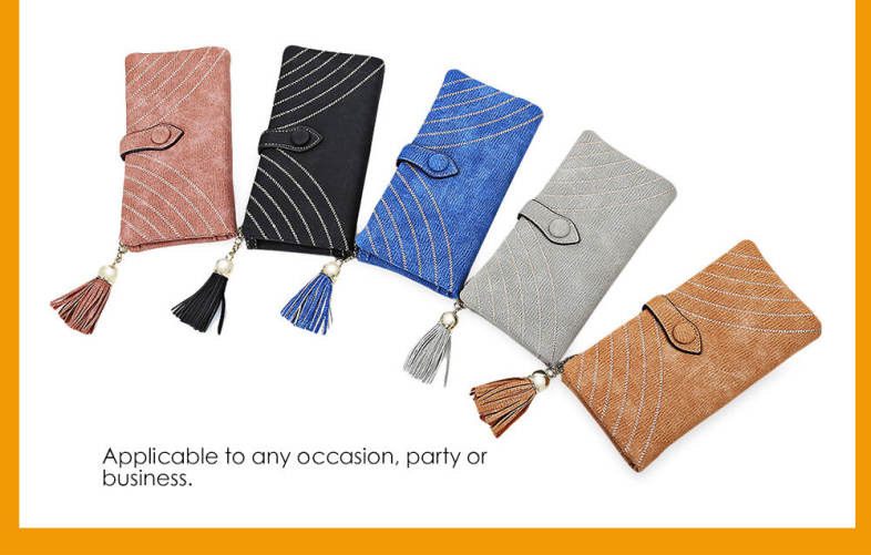 Embroidery Pattern Snap Fastener Long Wallet with Tassel Link