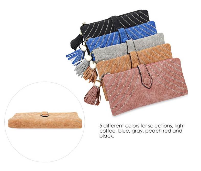 Embroidery Pattern Snap Fastener Long Wallet with Tassel Link