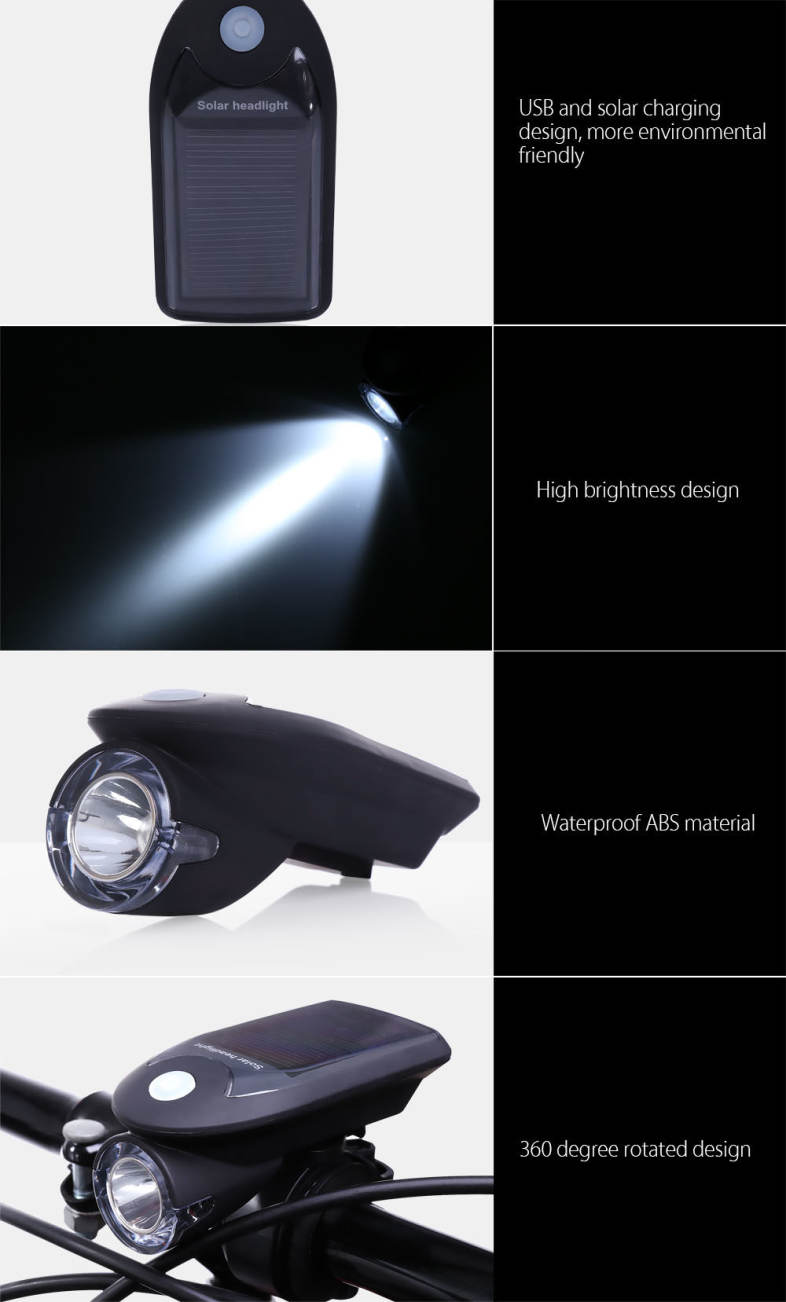 Rechargeable USB Solar Energy Bicycle Cycling Light Front Head Flashlight LED Warning Lamp