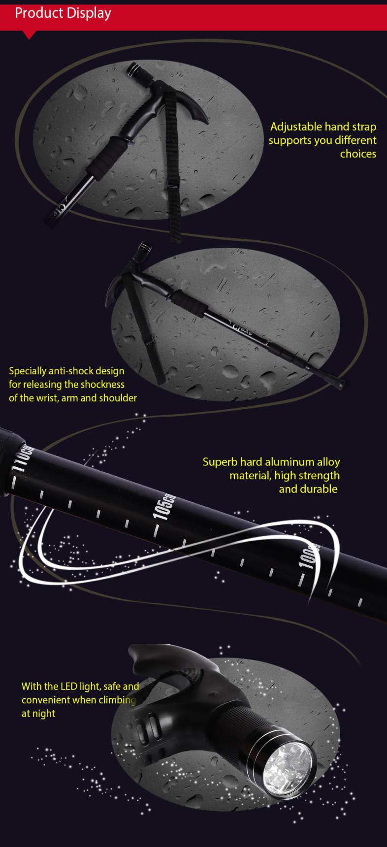 CLEYE 4 Joints Trekking Folding Alpenstocks with Light Climbing Pole Crutch Walking Stick
