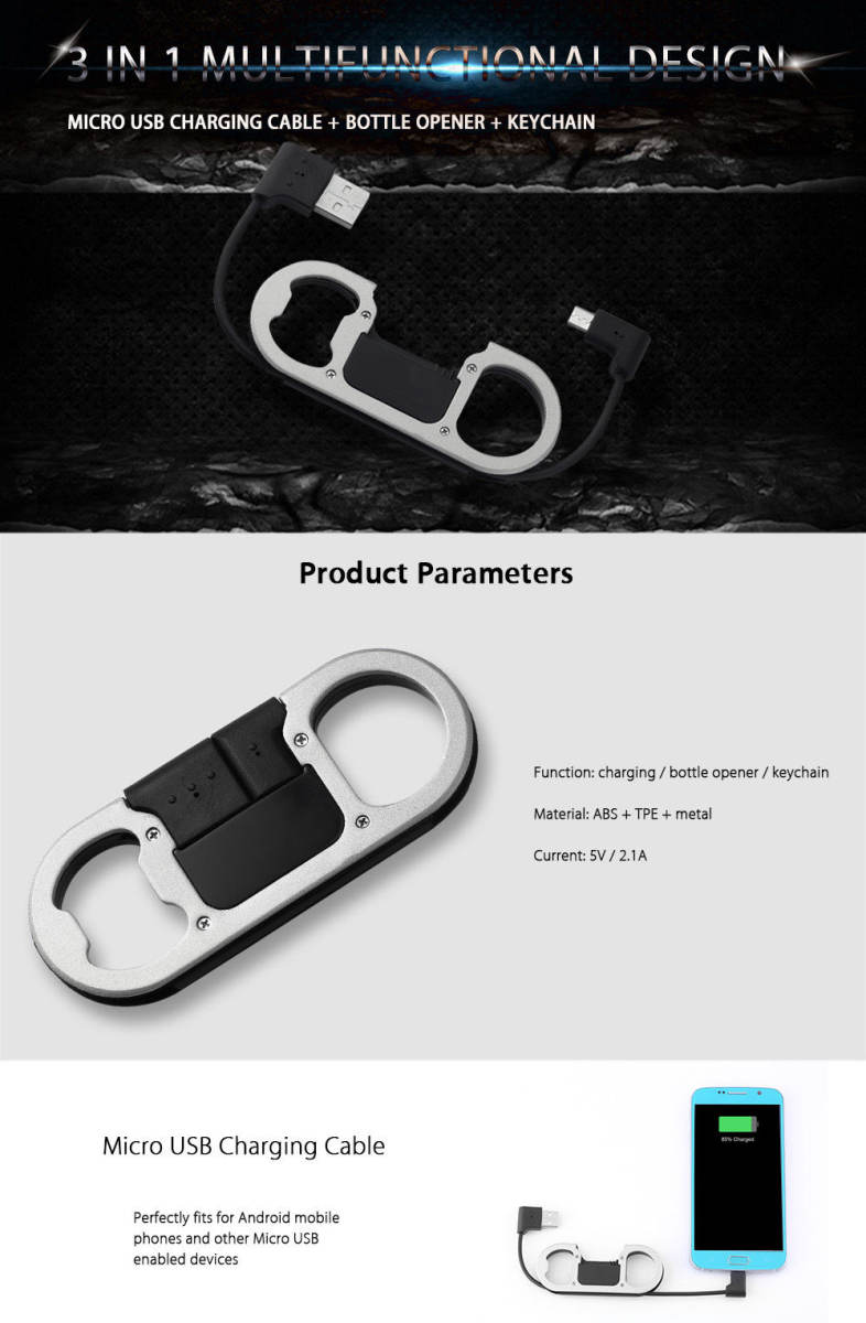 Multifunctional Micro USB Charging Cable Bottle Opener Keychain 3 in 1