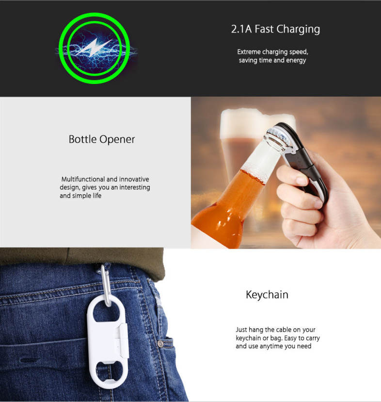 Multifunctional Micro USB Charging Cable Bottle Opener Keychain 3 in 1