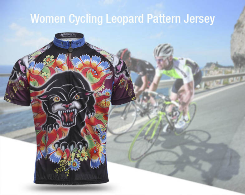 Women Breathable Short Sleeve Cycling Jersey Leopard Pattern Bike Shirt