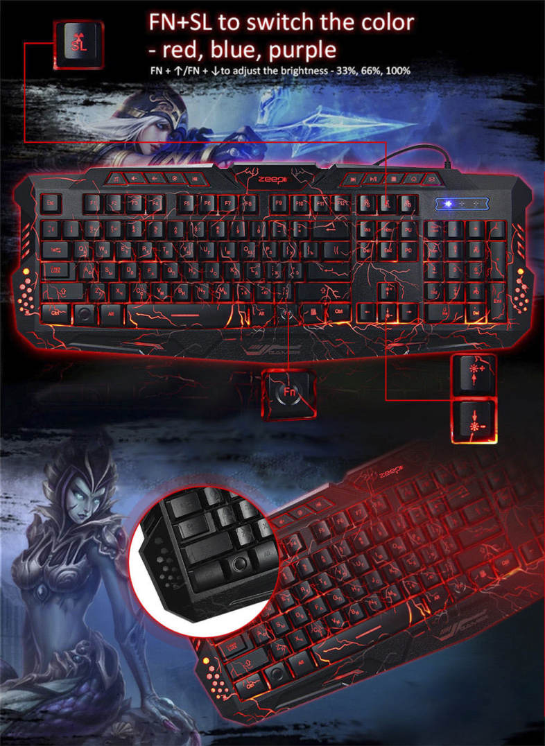 ZEEPIN M - 200 Bilingual Russian / English Pro Gaming Keyboard 3 Backlight Modes USB Powered 19 Keys Conflict-free
