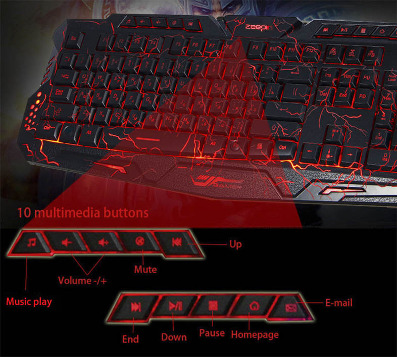 ZEEPIN M - 200 Bilingual Russian / English Pro Gaming Keyboard 3 Backlight Modes USB Powered 19 Keys Conflict-free
