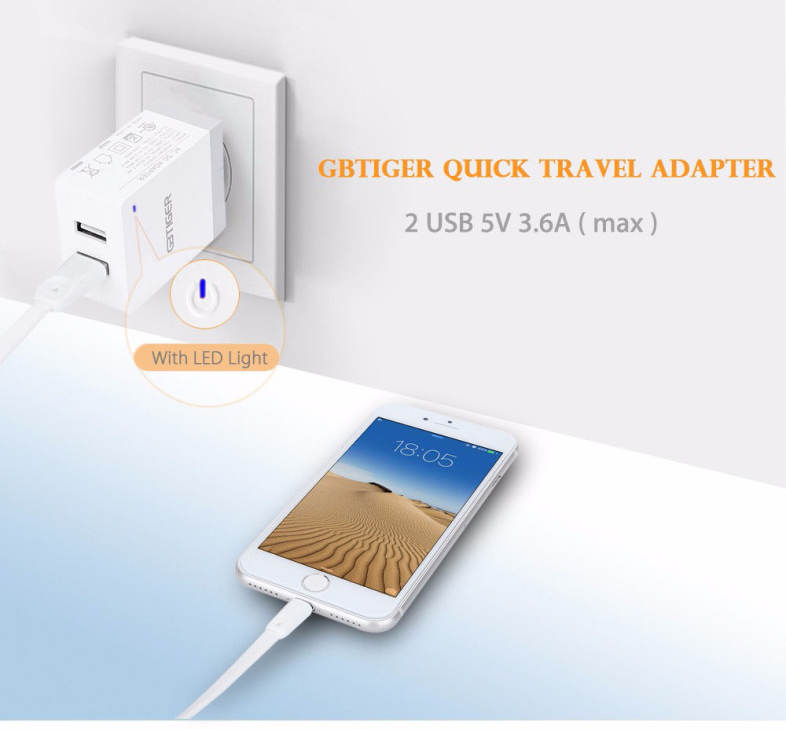 GBTIGER Universal 2 USB 5V 3.6A Multifunctional Quick Travel Adapter with LED Light