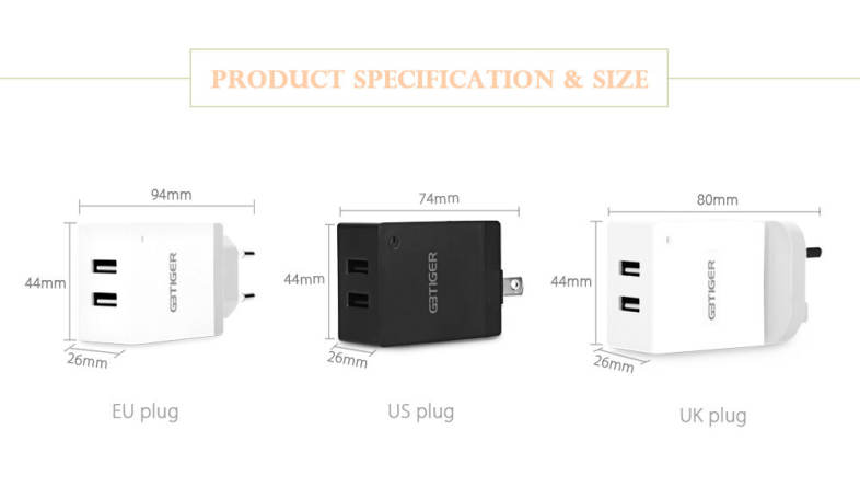 GBTIGER Universal 2 USB 5V 3.6A Multifunctional Quick Travel Adapter with LED Light