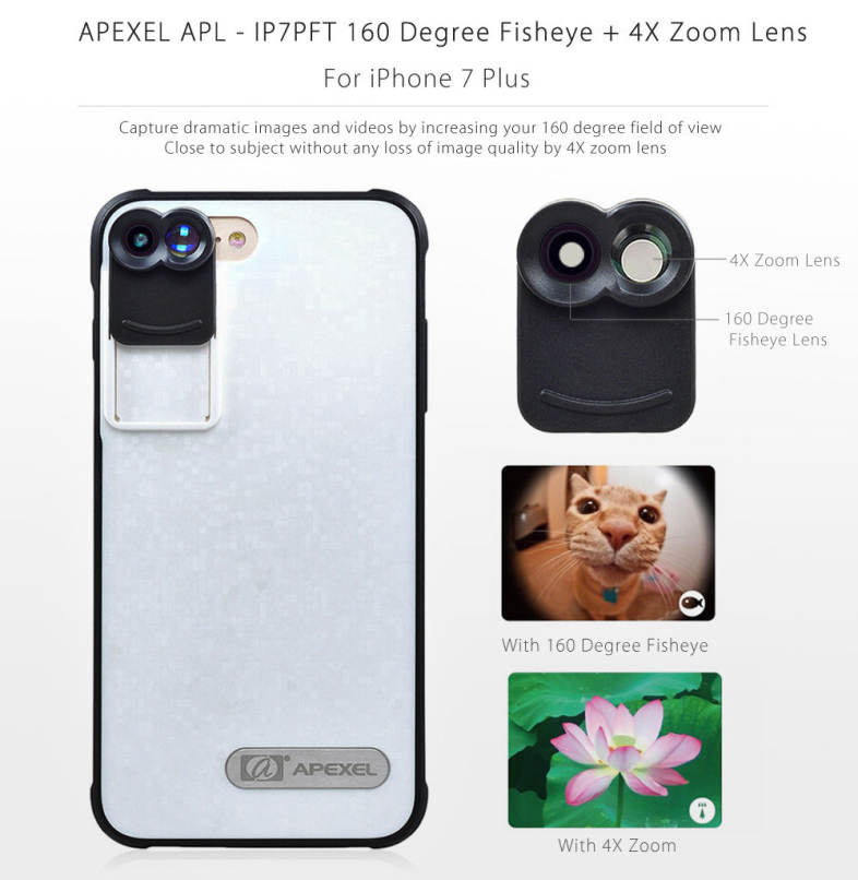 APEXEL APL - IP7PFT 160 Degree Fisheye   4X Zoom Lens Kit External Phone Camera with Protective Skin for iPhone 7 Plus