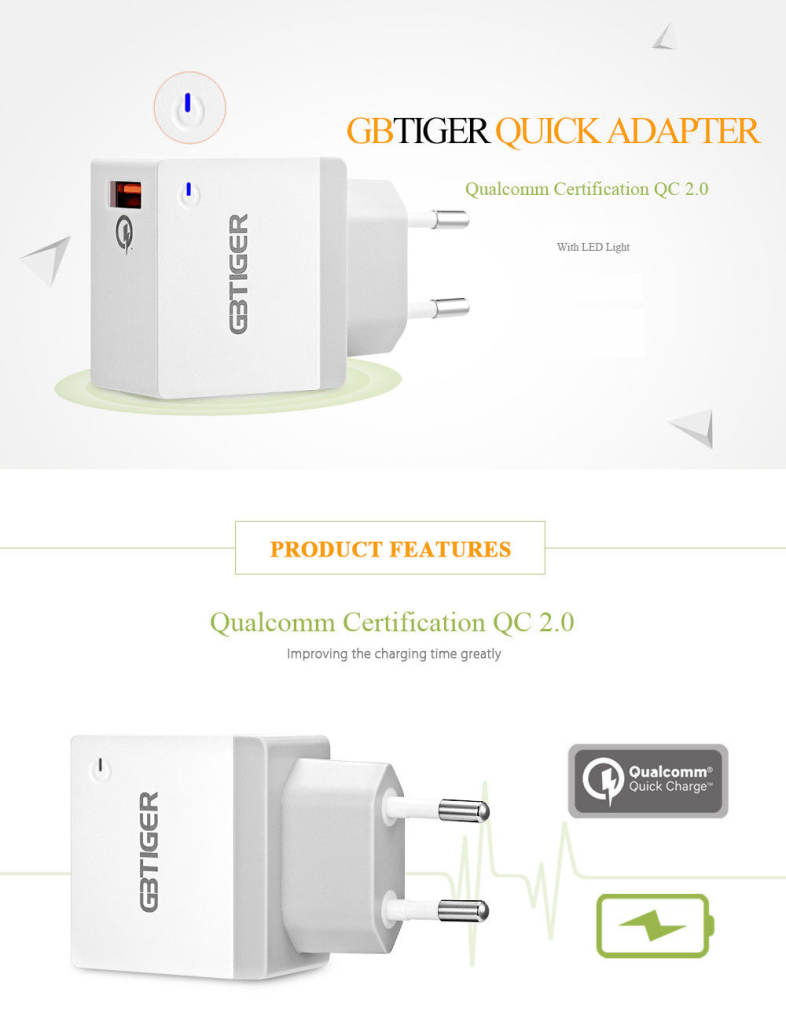 GBTIGER Qualcomm Certification QC 2.0 USB Multifunctional Quick Travel Adapter with LED Light